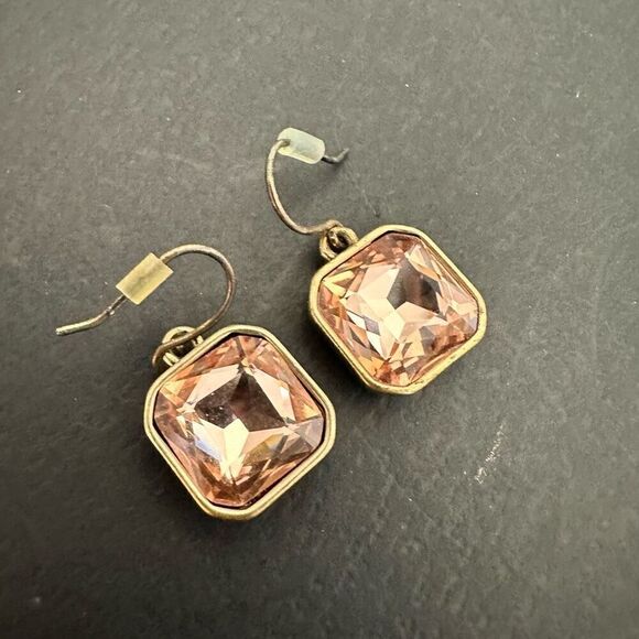 Cti Square Faceted Pink Crystal Pierced Hook Drop Dangle Earrings Gold-tone OS - Picture 2 of 4